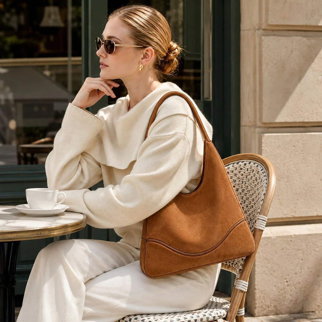 Mendy Triangle Underarm Bag Women Suede Texture Shoulder Crossbody Handbag Minimalist Crescent Moon Bag Soft Faux Leather Purse