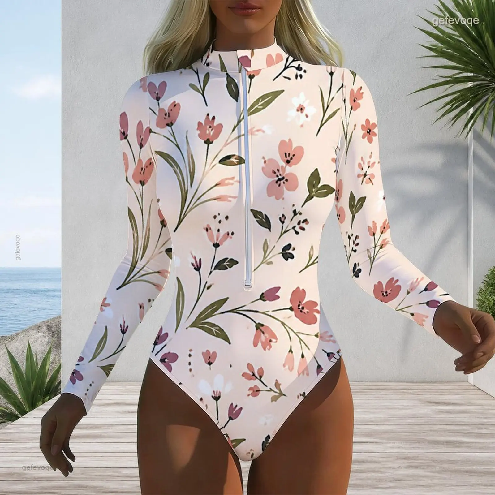 Printed Swimsuit for Women High Neck Front Zip Long Sleeve One Piece