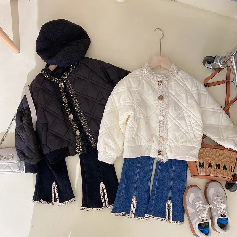 

Girls' Set Quilted Cotton Jacket Autumn Winter Style Patchwork Short Coat Thickened Black and White Top Dropshipping