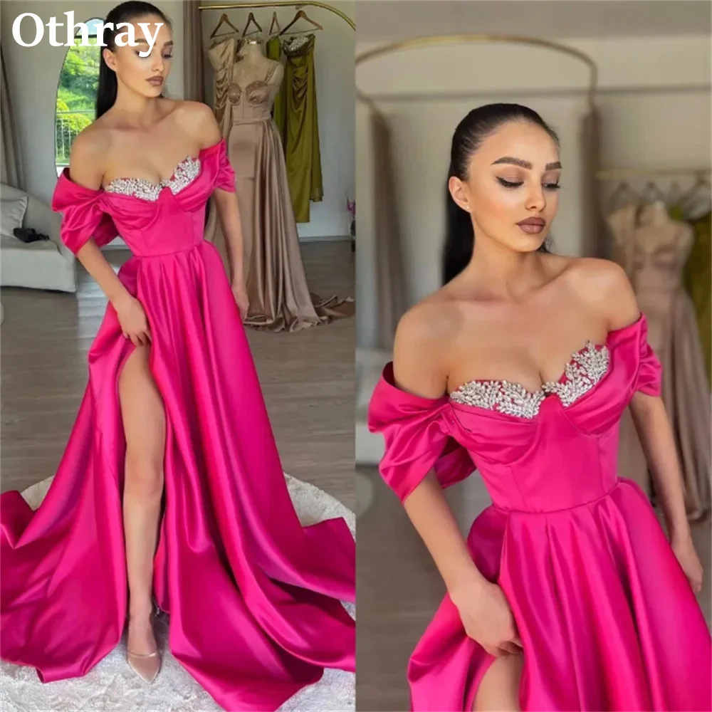 

Othray Fuchsia Charming Prom Dresses Crystal Beaded Off The Shoulder Slit Side Women Formal Evening Gowns Satin Met Gala Robe