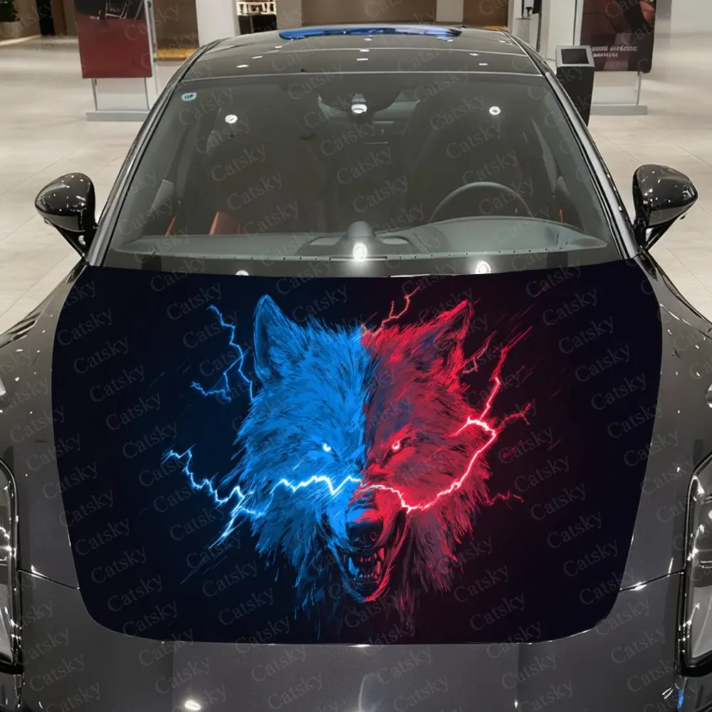 Red & Blue Lightning Wolf Car Hood Sticker,Waterproof Self-Adhesive Vinyl Graphics Decals,Decorative Auto Accessories Stickers