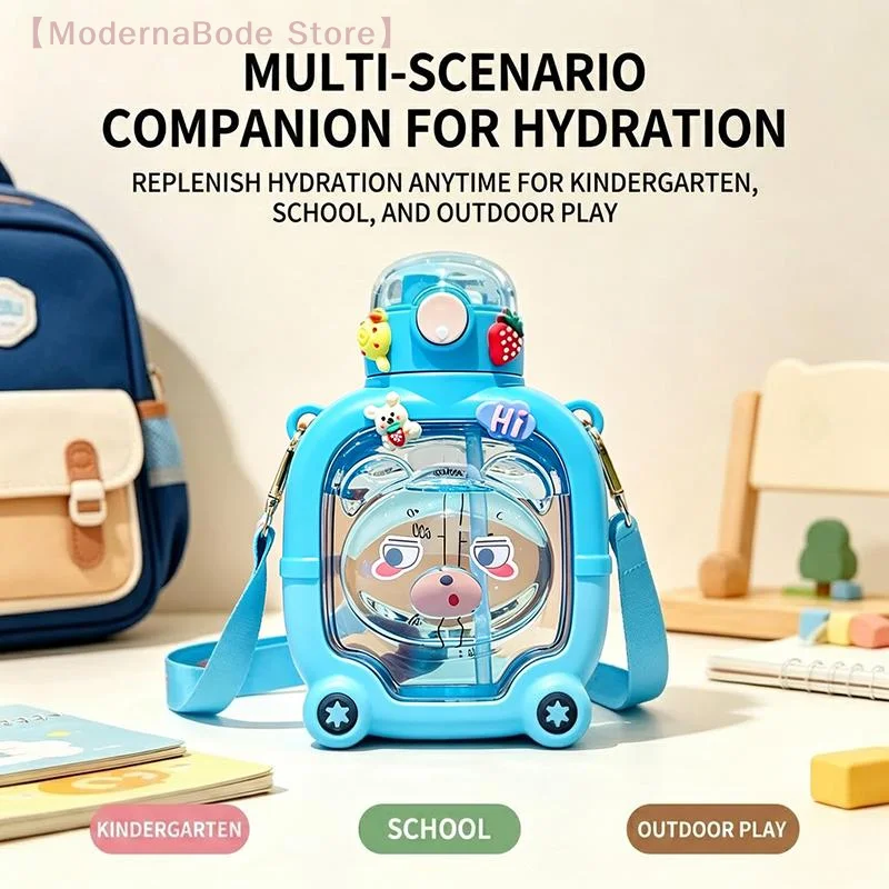 【M】1Pcs Large Capacity Cute Bear Kids Straw Water Bottle Drop Resistant Design For School Outdoor Daily Use