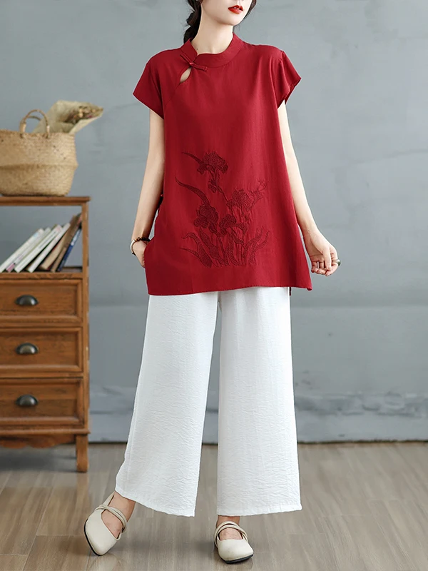 Conjunto de Lino y Aodón a la Moda con Csa Bordada de Cuello Alto con Botones y Plones Anchos de Pierna, Conjunto de...