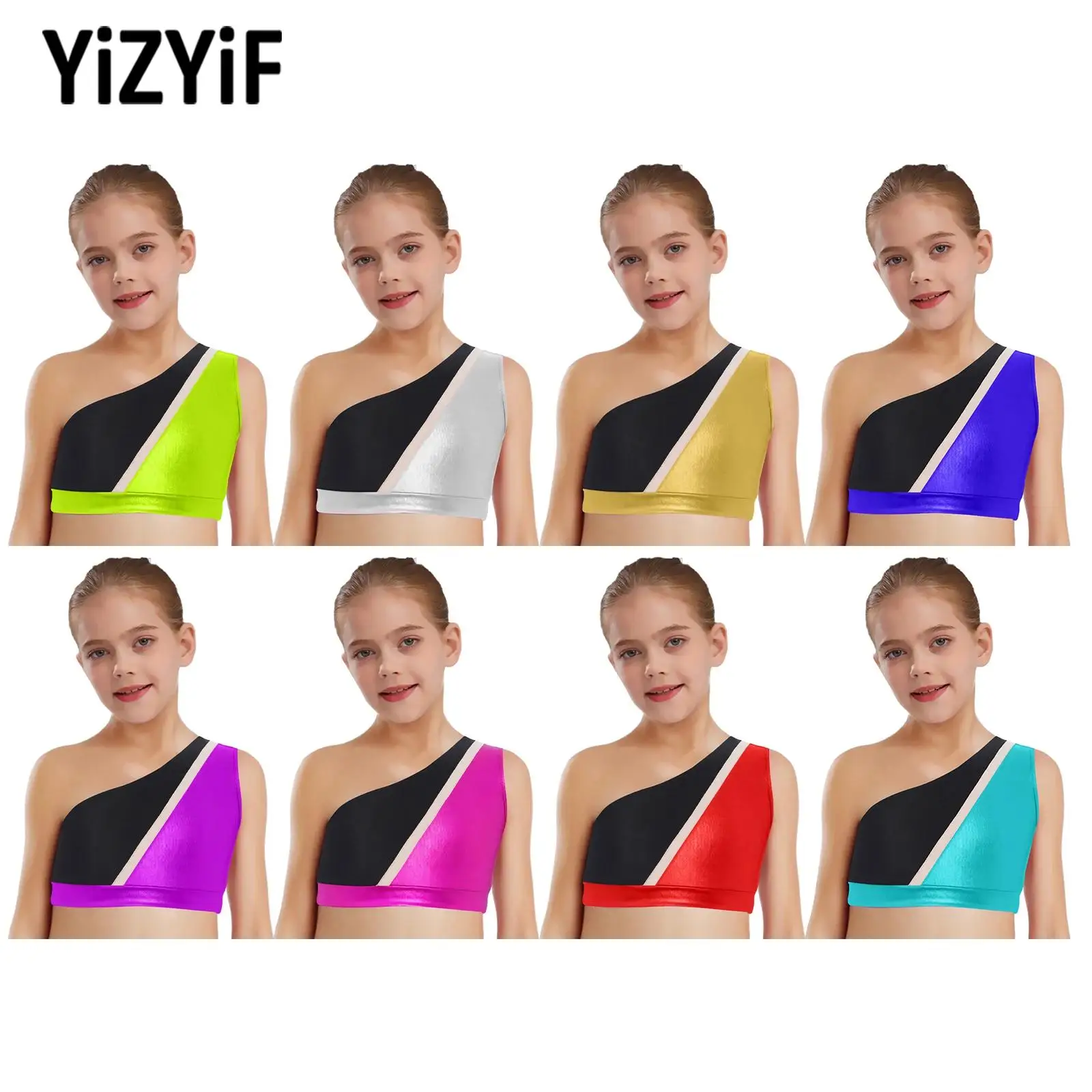 New Kids Girls Ballet Figure Skating Gymnastics Performance Costume One Shoulder Sleeveless Metallic Color Block Sports Crop Top