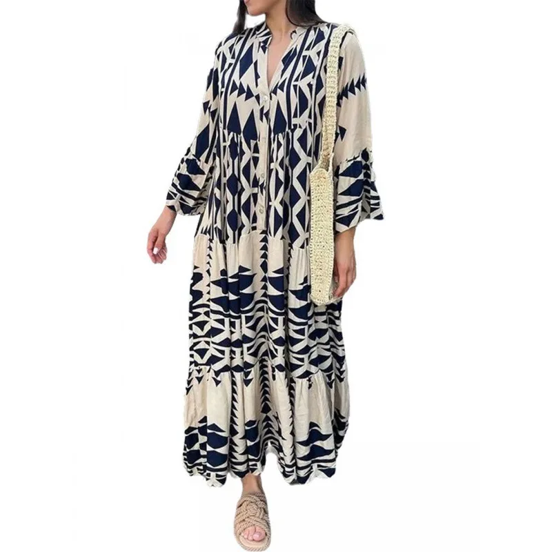 2024 abiti lunghi estivi da donna manica lunga abito con stampa Boho pieghettato moda donna Vintage Boho Beach Maxi abiti Vestidos