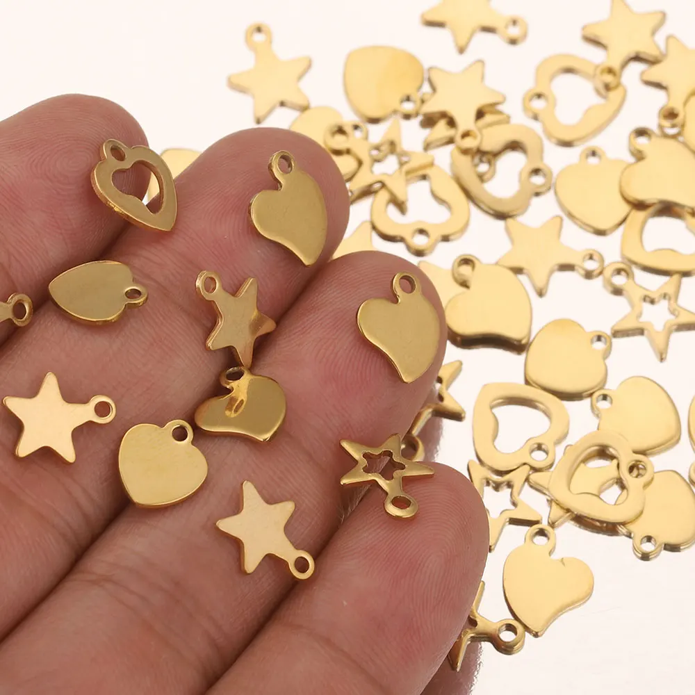 

20pcs/lot Stainless Steel Gold Plated Heart Star Small Charms DIY Extend Chain Tag Jewelry Making Supplies Bulk Items Wholesale