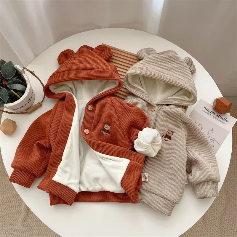 2024 Autumn Winter New in Kids Baby Boys Girls Thicken Outwear , Toddler Infant Hooded Cartoon Bear Coat Children Jacket 3M-3Y