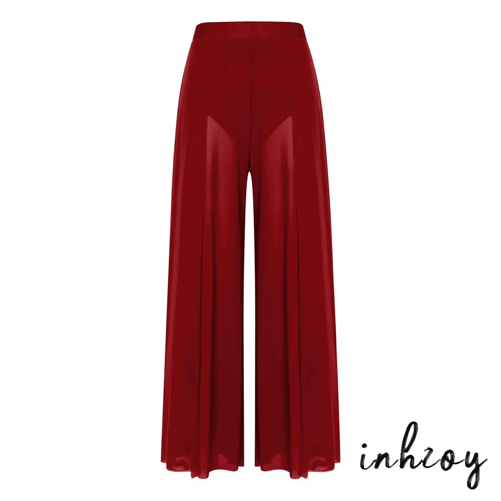 Flowy Wide Leg Mesh Pants for Women Elastic Waistband Built In Briefs Lyrical Dance Trousers for Belly Dance Stage Competition
