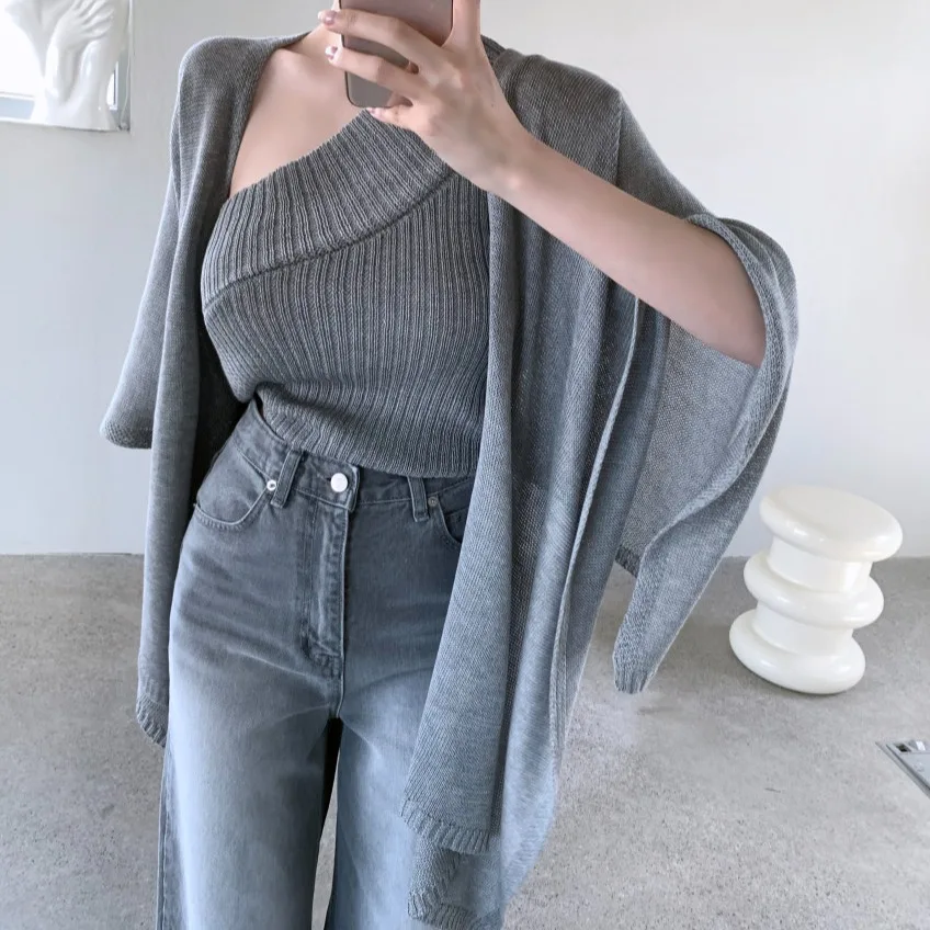 

Fashionable Knitted Two-Piece Set Shoulder Bared Loose Fit Thin Summer New Style Women's Open Cardigan Sweater with Slant Collar