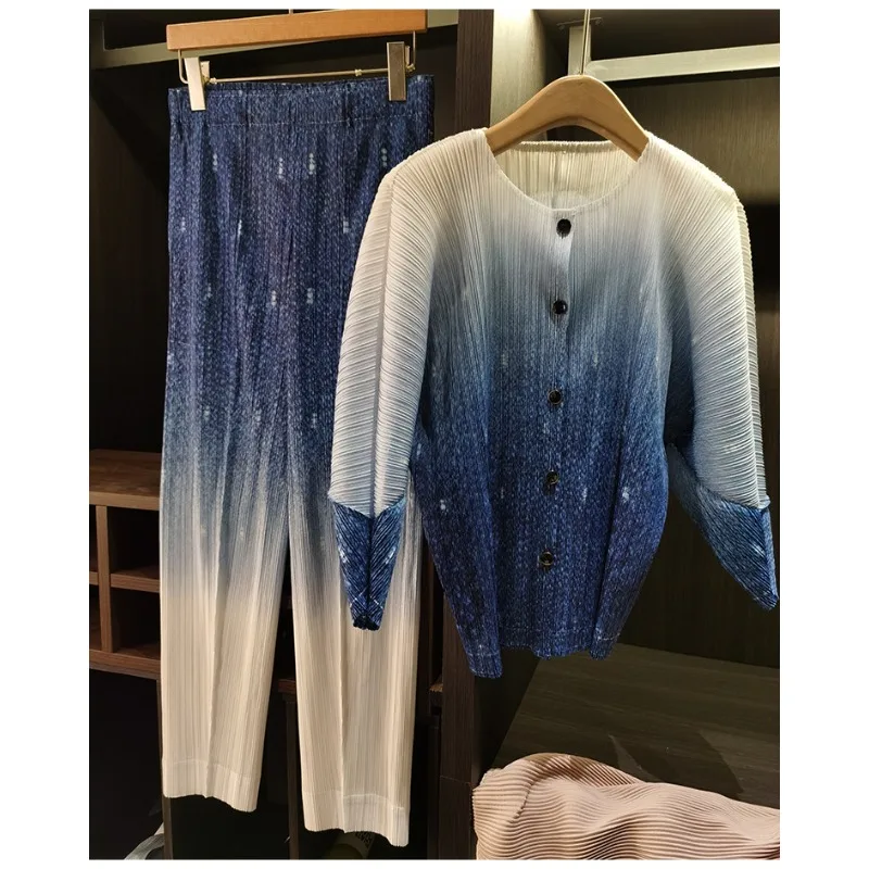 

Miyake Simple Casual Ink Print Fashion Set Loose Long Sleeve Jacket Top Wide Leg Straight Pants Women's Commuter Outfit Clothes