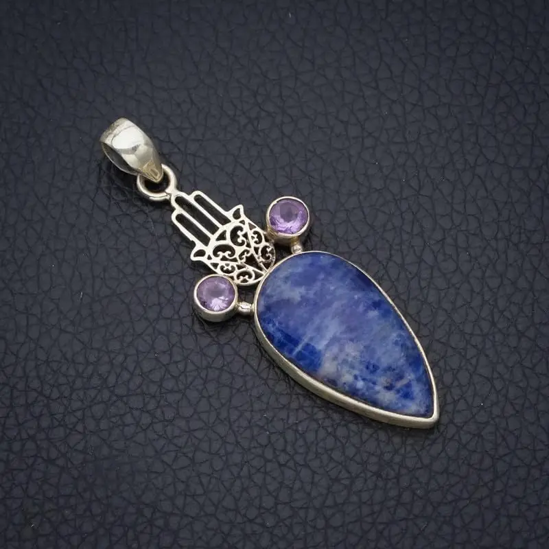 StarGems Natural Navy Sodalite&Hand,Amethyst Handmade 925 Sterling Silver Pendant 2 1/2