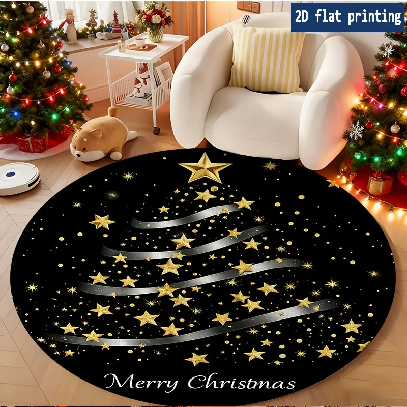 Vintage Night Sky Pine Holly Gift Box Circular Rug for Entry Sofa Chair Bedroom Bedside Holiday Present Washable Rug