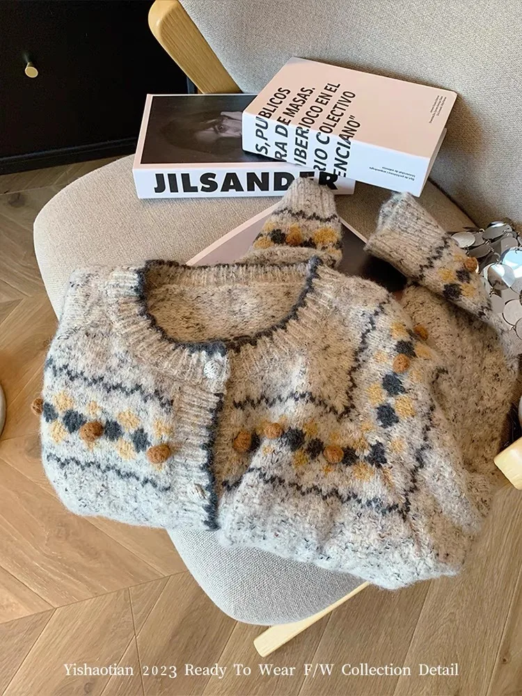 Retro kwiat sweter wiosenno-jesienny damski luźny miękki płaszcz z okrągłym dekoltem szarej sweter dziergany Outwear jednorzędowy z długim rękawem