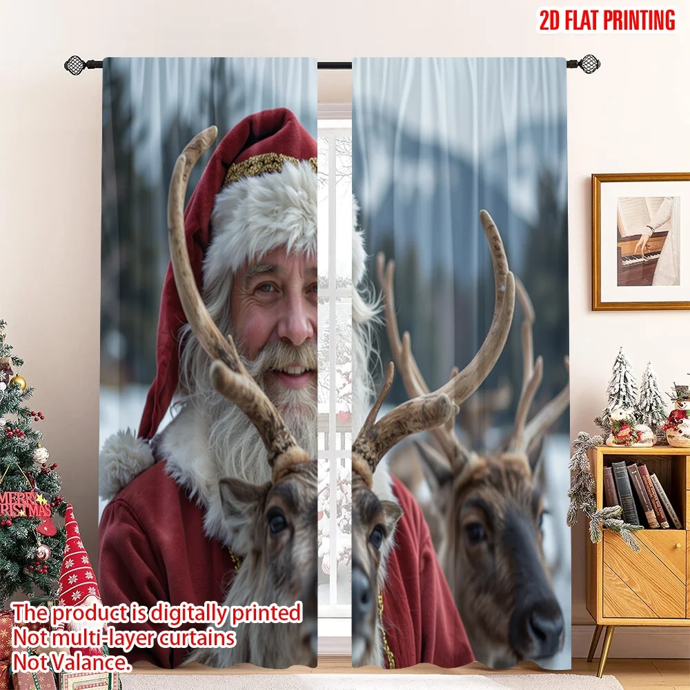 

2pcs 2D flat printing Merry Christmas Popular Drapes Santa Reindeer Snowfall Festive Cheer Polyester Without Electricity Festive