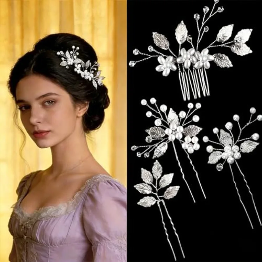 

4PCS Vintage Leaf Bridal Hair Accessories - Crystal Pearl Hair Pins and Comb, Elegant Wedding Hair Pins for Brides, Bridesmaids