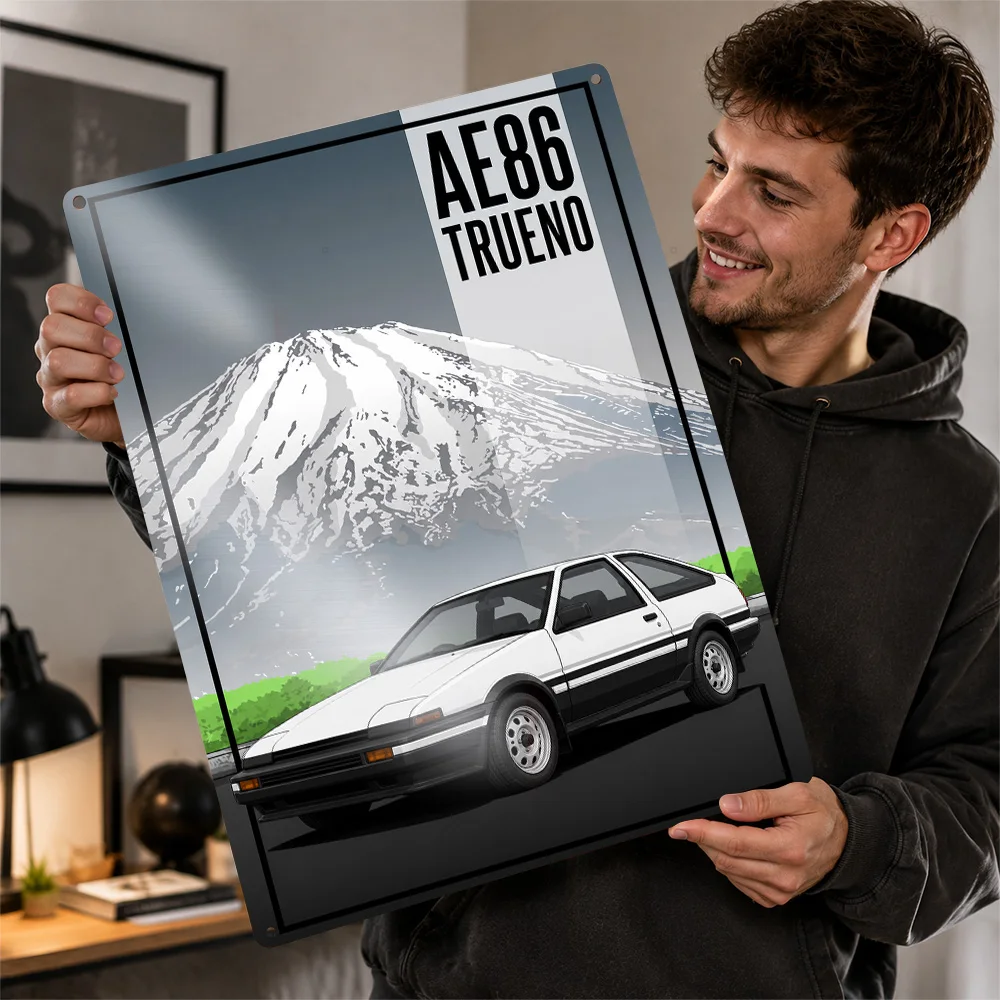 Japan AE86 Trueno White Sports Car Textured Poster Customized Metal Tin Sign Road Performance Legacy Wall Art Perfect For Home