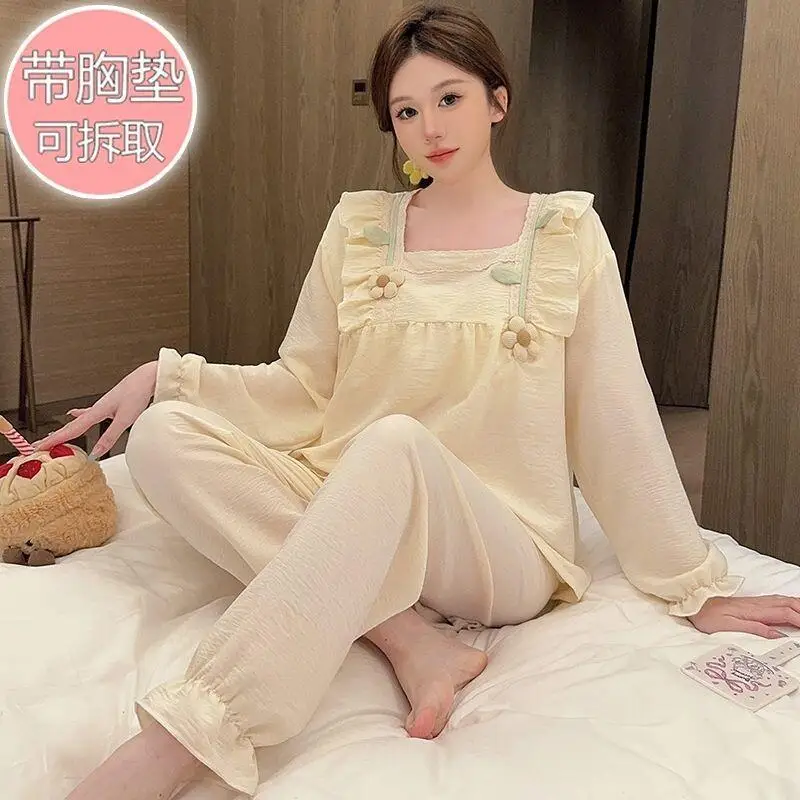 

New Hot Cloud Sleepwear Pajamas Set Cotton Plus Size Women Home Outdoor Sweet Spring Autumn Long Sleeve Long Pants with Bra
