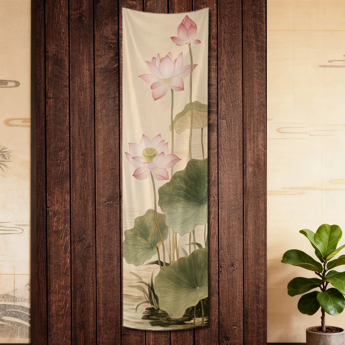 Chinese Style Watercolor Painting Of Lotus Flower Art Tapestry Bamboo Landscape Aesthetic Tapestry Wall Hanging Home Wall Decor