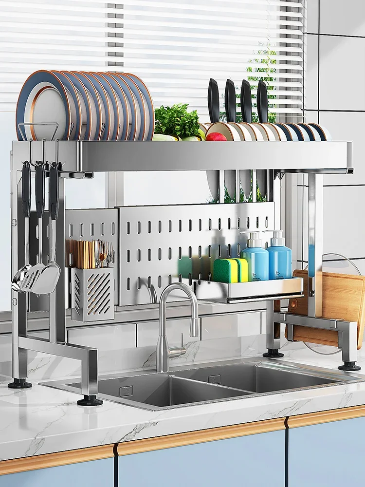 

Sink storage rack 304 stainless steel telescopic bowl and tray storage rack multifunctional drainage rack