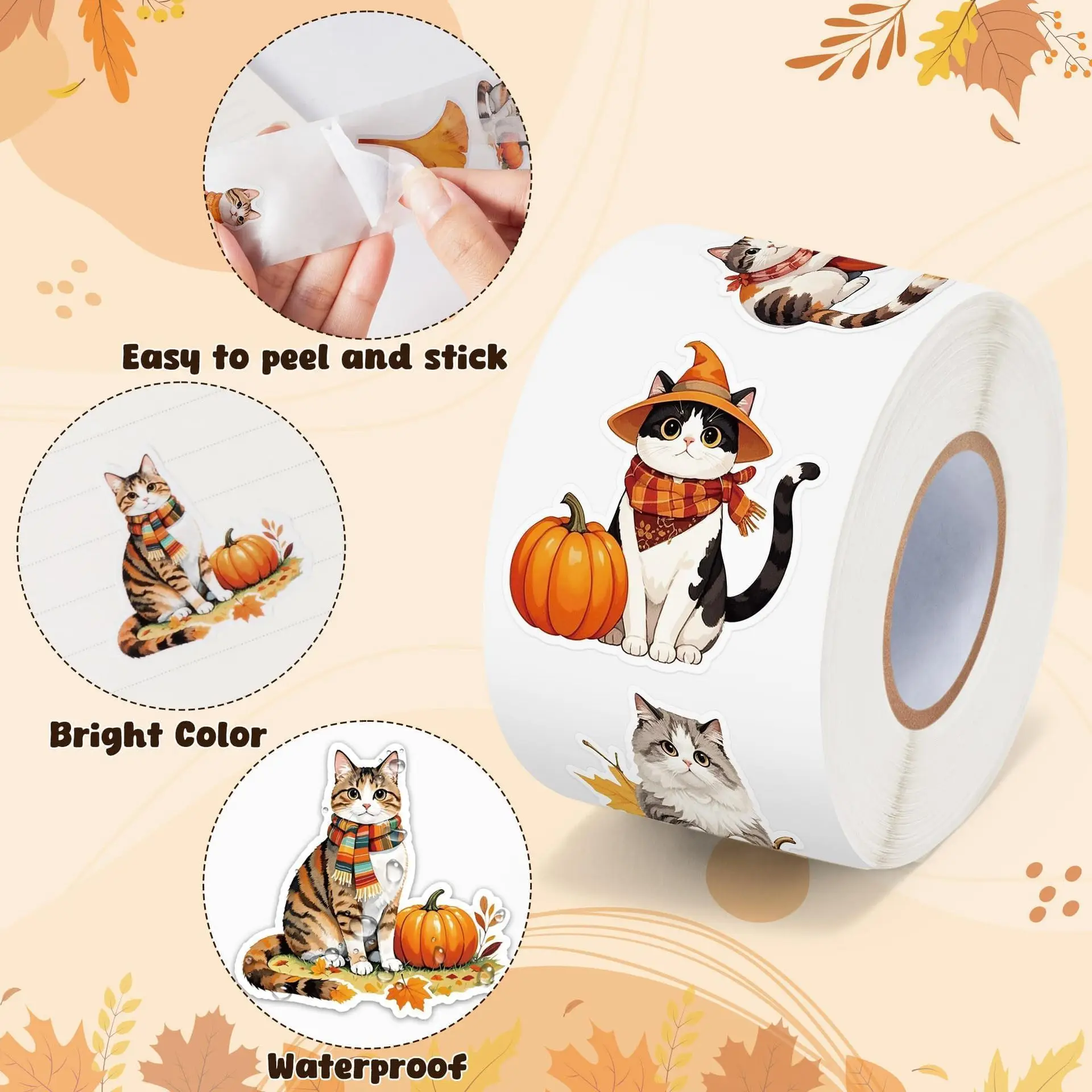 500Pcs 1 Inch Autumn Cat Maple Leaf Pumpkin Stickers Fall Theme Labels for Gift Box Envelope Stationery DIY Decor