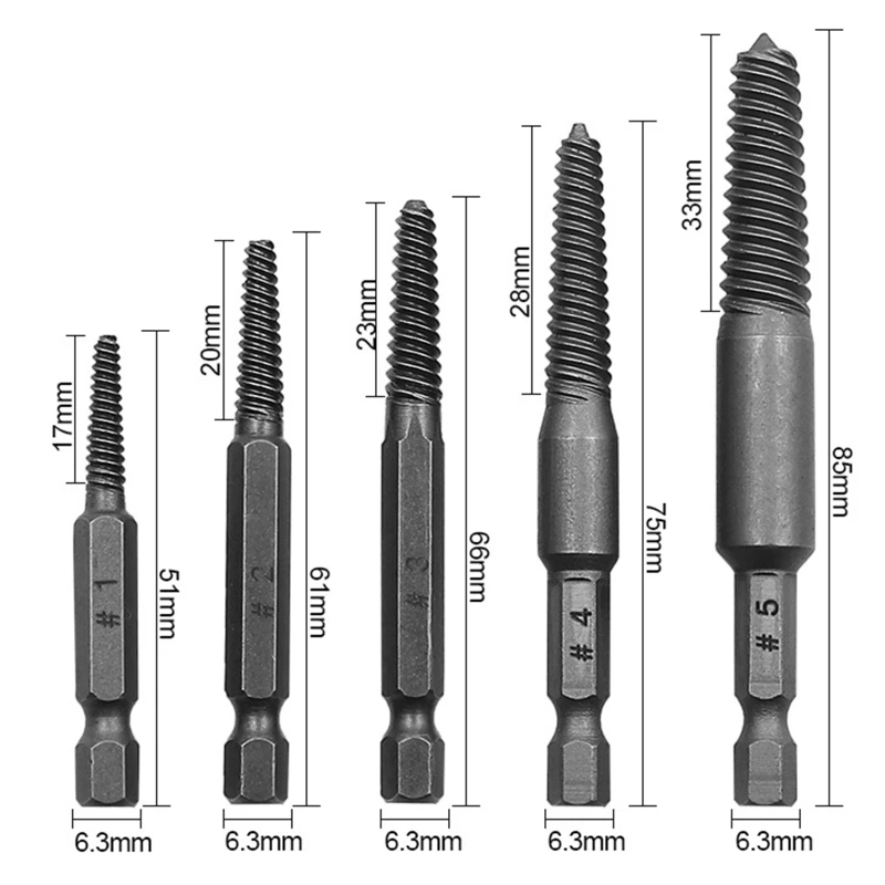 5 Pcs Damaged Screw Extractor Set Shank Spiral Flute Extractor for Home