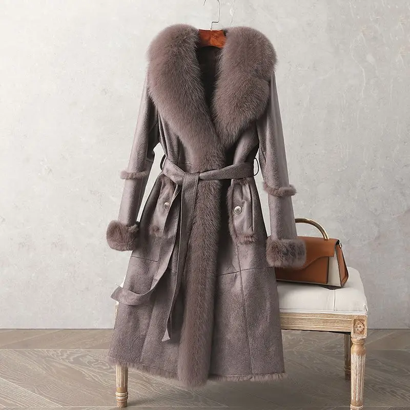 Rabbit fur integrated coat for women with oversized fox fur collar, medium length fur coat, rabbit fur inner liner