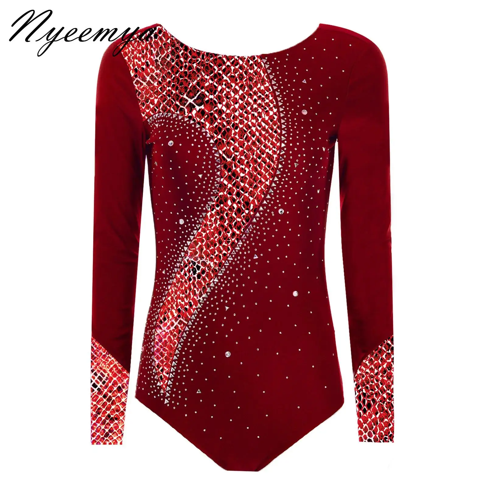 

Womens Ballet Body Tops Gymnastics Leotard Shiny Rhinestones Ballerina Dance Costume Long Sleeve Athletics Training Costume
