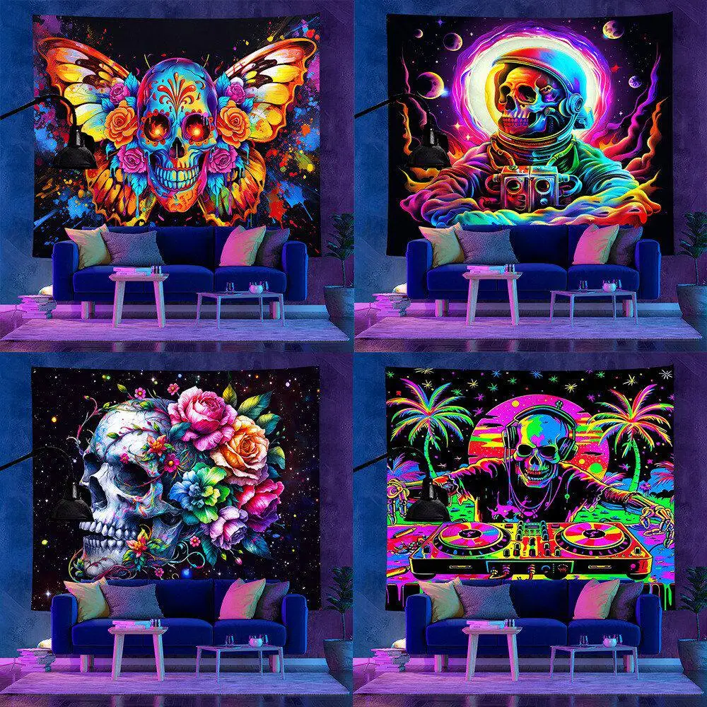 VIKAMA 4-in-1 Skull Tapestry Psychedelic Neon Floral DJ Astronaut Blacklight Wall Hanging