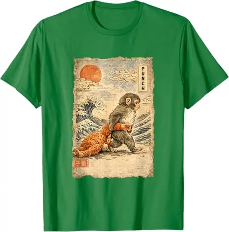 Kawaii Baby Monkey Punch Cute Japanese Macaque Ukiyo-e Art T-Shirt Y2k Anime Lovely Toy Print Graphic Apparel Cartoon Tee Tops