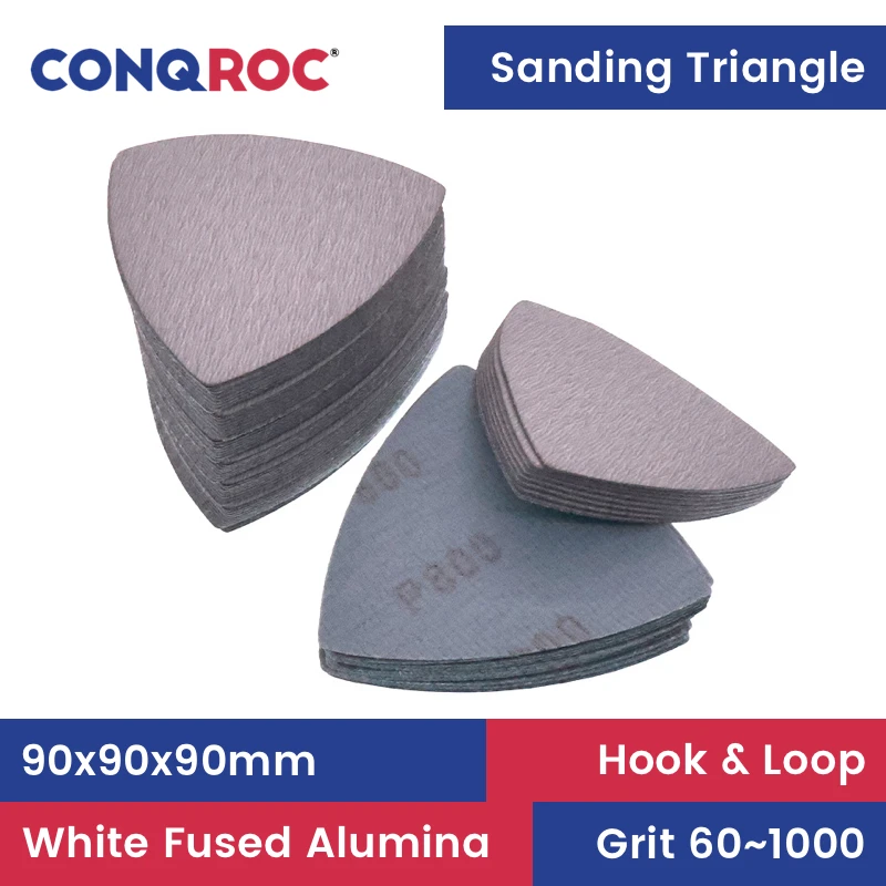 90x90x90mm Triangle Sanding Pads White Fused Alumina Hook and Loop 100-Piece Grit P60~1000 for Oscillating Multi-Tool