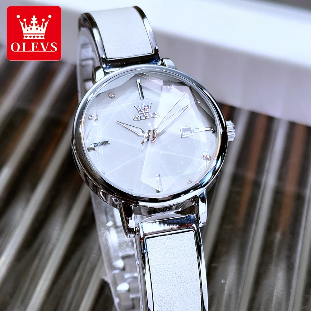 OLEVS Luxury Women's Watches Fashion Dress Rhombus Mirror Waterproof Original Stainless Steel Quartz Wristwatch Luminous Date