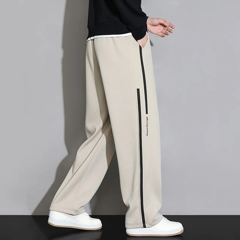 Summer Side Stripe Casual Loose Wide Leg Pants Men Solid Patchwork Embroidery Elastic Waist Drawstring Pockets Straight Trousers