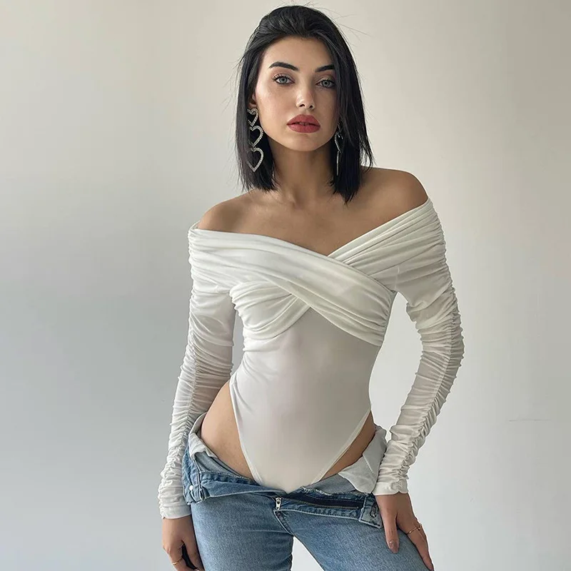 Women's Spring 2026 New One-word Collar Off-the-shoulder Long-sleeved Cross Onesie Plus Size 9XL 8XL 7XL 6XL XXXXXL