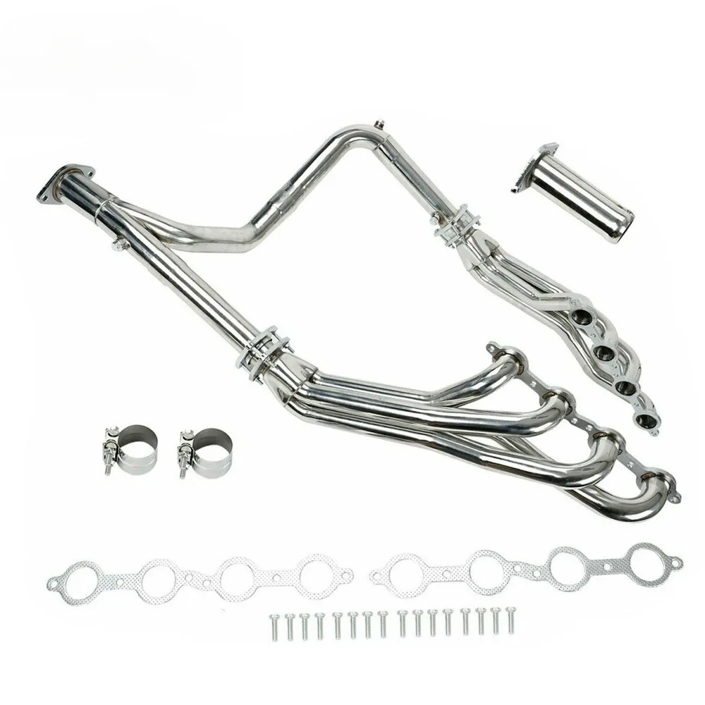 For 2007-2014 Chevy GMC 4.8L 5.3L 6.0L Long Tube Headers with Y Pipe Exhaust Header Silver Stainless Steel 2