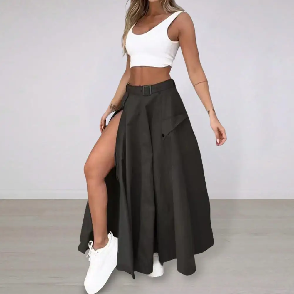 Women Top Skirt Set Women Maxi Skirt Set Stylish Women's Crop Top Maxi Skirt Set with Belt Sleeveless Top High Waist Split Solid