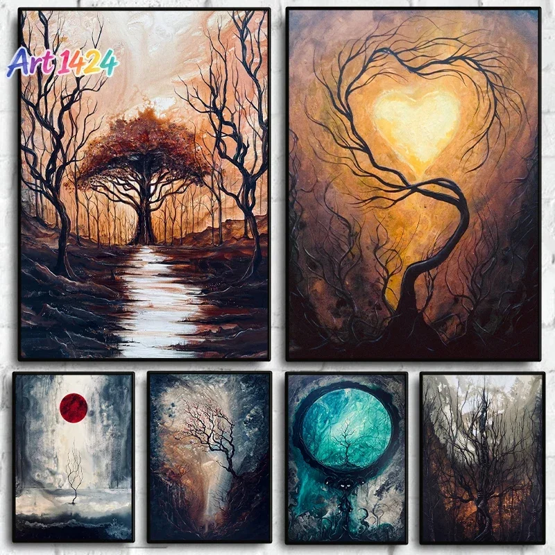 1pc frameless Surreal Colourful Landscape Poster Vintage Dark Forest Mountain Fall Scenery Canvas Painting Wall Art for Livin