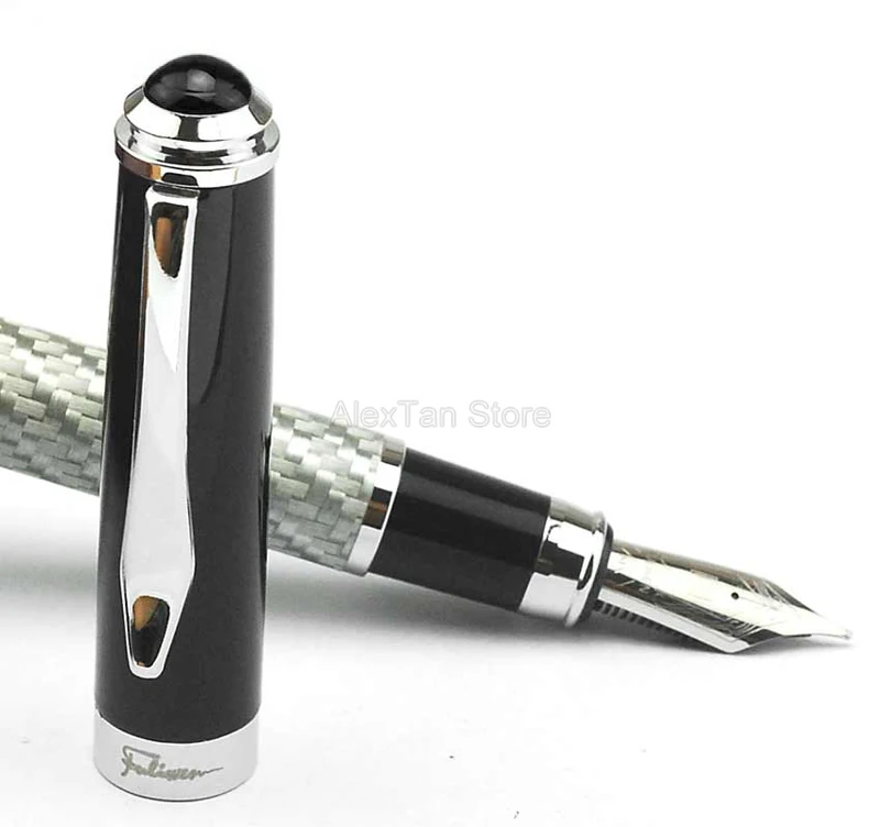 

Fuliwen Carbon Fiber Classic Fountain Pen Medium Nib 0.7mm , Advanced Little Silver Grid & Black Cap Advanced Writing Pens