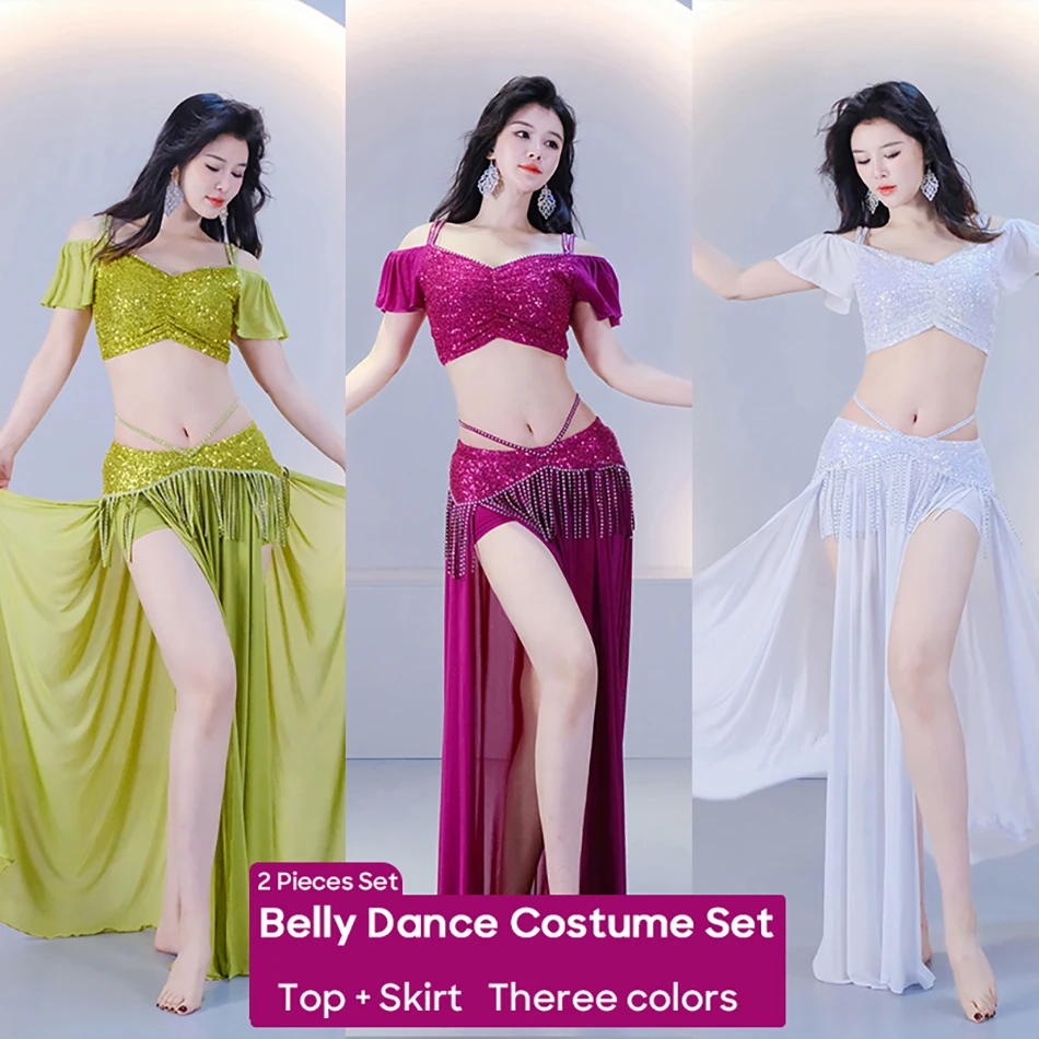 

Belly Dance Costume For Women Off Shoulder Top Double Slit Skirt 2 Pieces Set Stage Performance Suits Practice Clothes Outfits