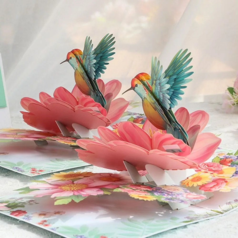 Postcard Foldable Hummingbird Flower Greeting Card Romantic Handmade 3D Pop Up Gift Card Elegant Paper Message Card Anniversary