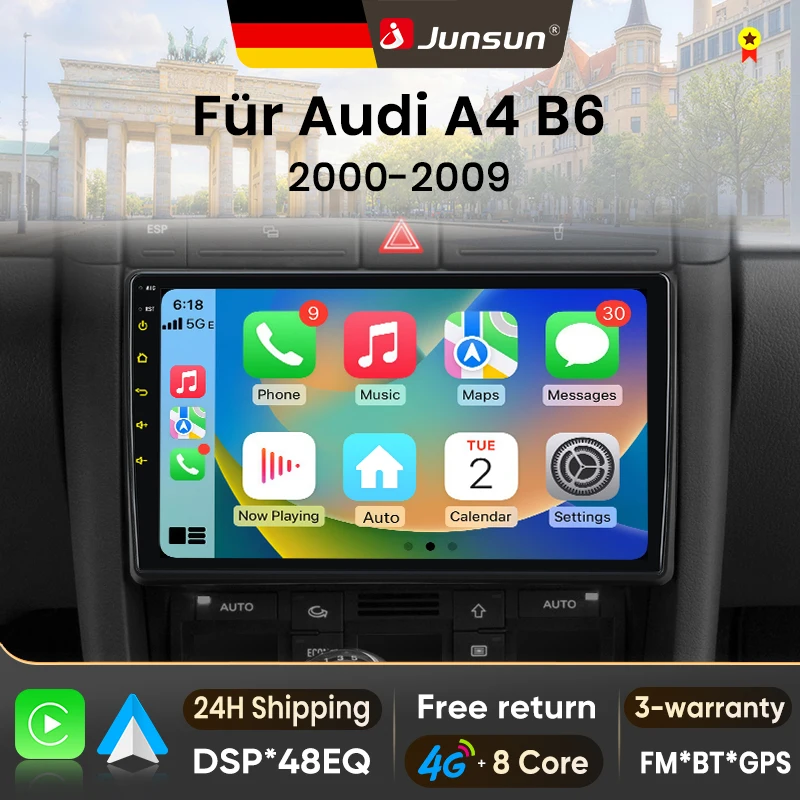 Radio para Auto Junsun de 9 Pulgadas con Android 15 para Audi A4 B8 B7 B6 S4 RS4 2000-2009, Inalámbrico para Apple CarPlay, Pantalla IPS, Reproductor Multimedia Estéreo, Sistema Inteligente para Auto, Unidad Principal Autoradio 2 Din, Navegación GPS, BT, 4G, WIFI, FM, AM, DSP, RDS, SWC, DAB+