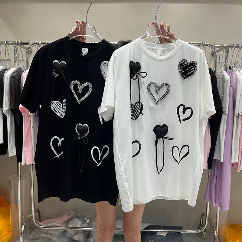 

White Summer Woman Tshirts 2024 Ropa Mujer Korean Oversized Tops O-neck Short Sleeve Tees Diamond Love Fashion Chic Y2k T Shirt