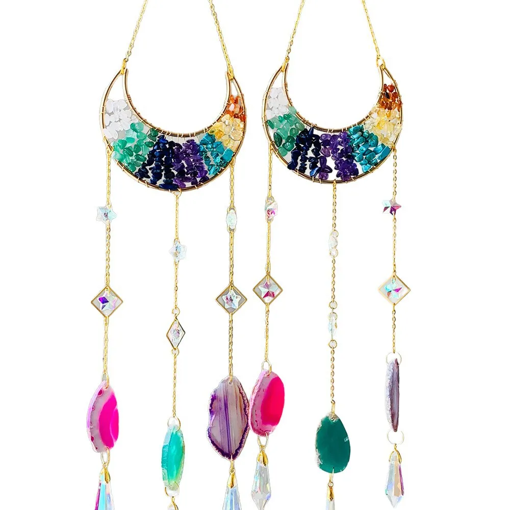 Custom Gold Moon Shape Seven Chakra Crystal Agate Sun Catcher - Glass Pendants Hanging Ornament for Window Decor