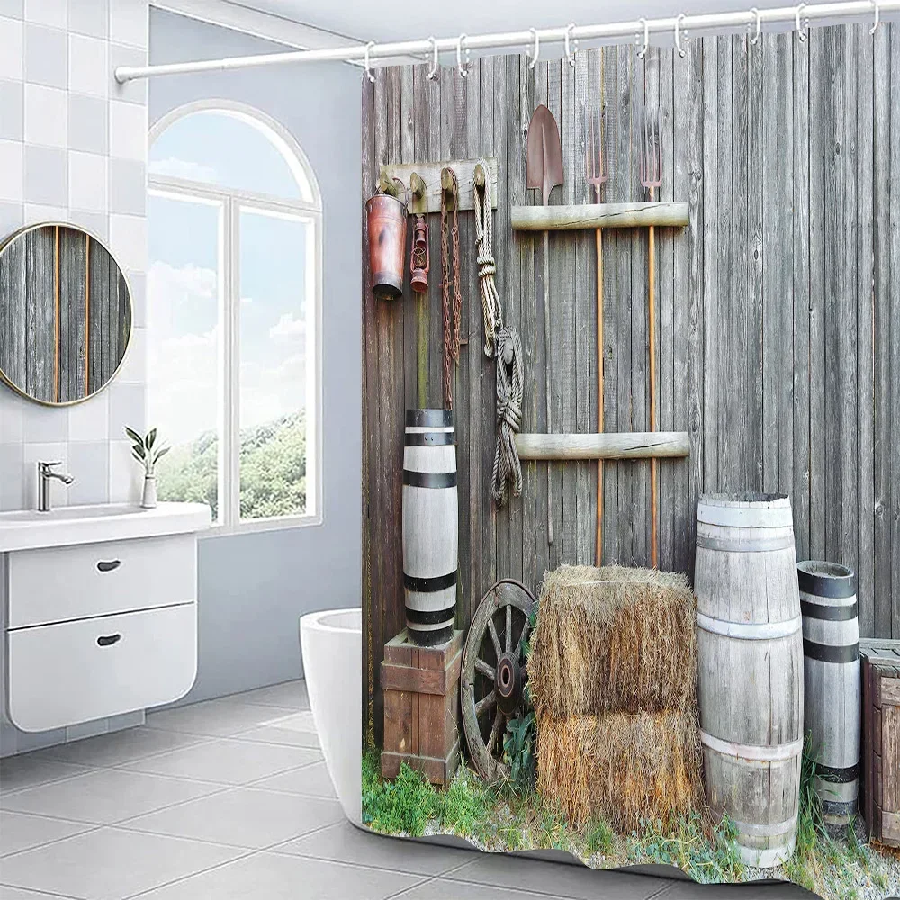 Retro Rustic Old Vintage Wood Doors Shower Curtain Set Country Rustic Barn Doors Farm Decor Fabric Bathroom Curtain Bath Screens