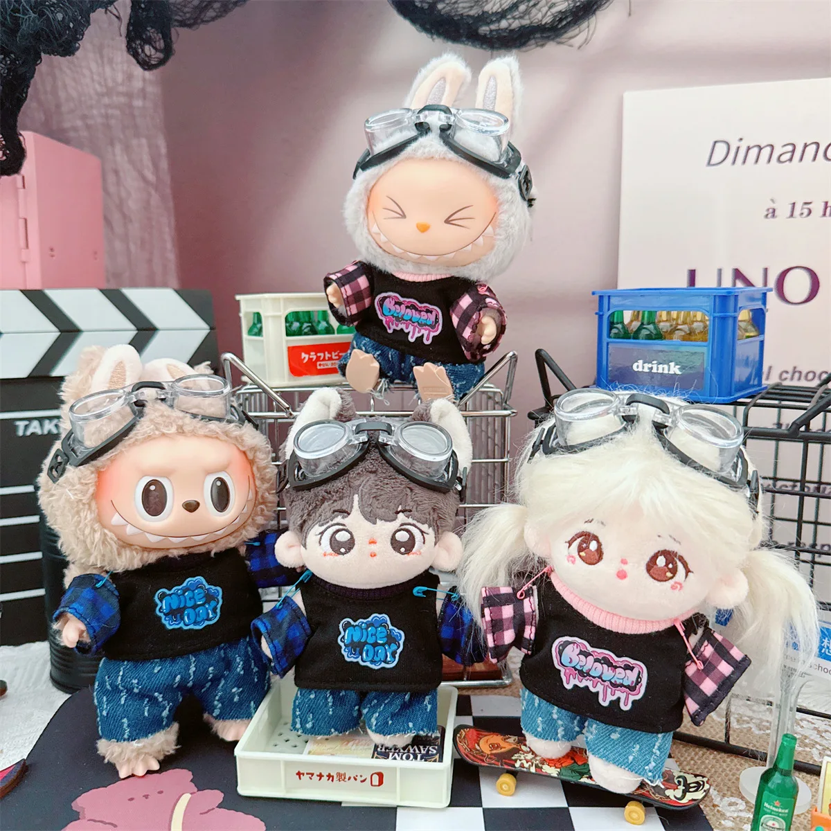 

17cm V1 V2 Labubu Clothes Cartoon Cool T-shirt Pants Goggles Set 10cm Cute Mini Idol Doll Clothes Accessories Toys