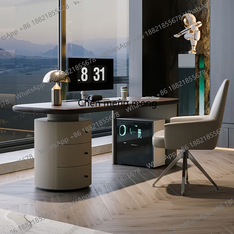 Fashion Wooden Rounded Corner Desk with Drawer Storage Cabinet,Contemporary Writing Table for Home Office  or Study Room