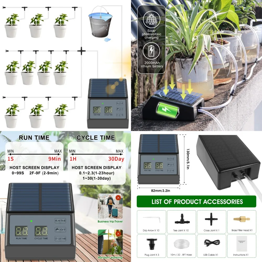 

Waterproof Solar Automatic Drip Irrigation System with 10 Meter Hose and IP67 Timer - Gardening Drip Watering Kit for 15 Potted