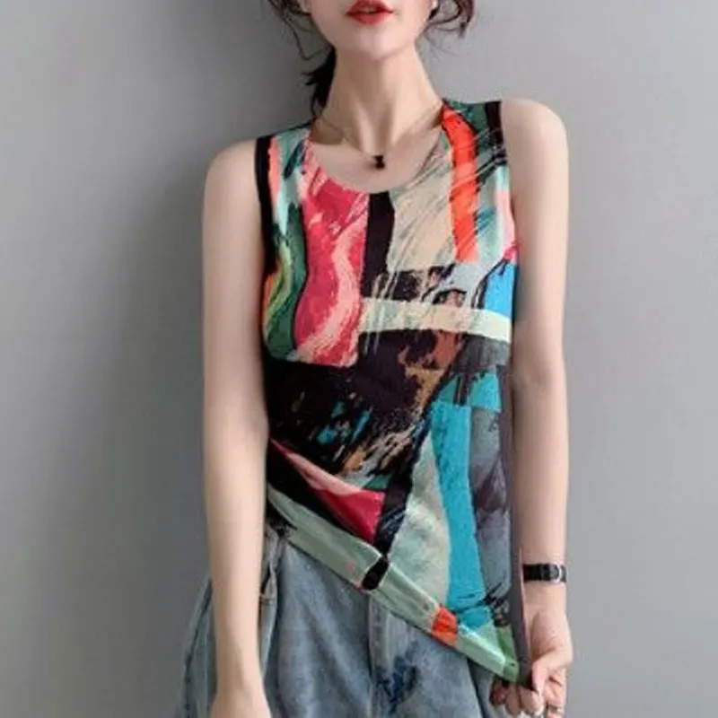 Women\'s Clothing Contrasting Colors Patchwork Sleeveless Tanks Fashion Printed Slim Round Neck 2023 Summer Daily All-match Camis