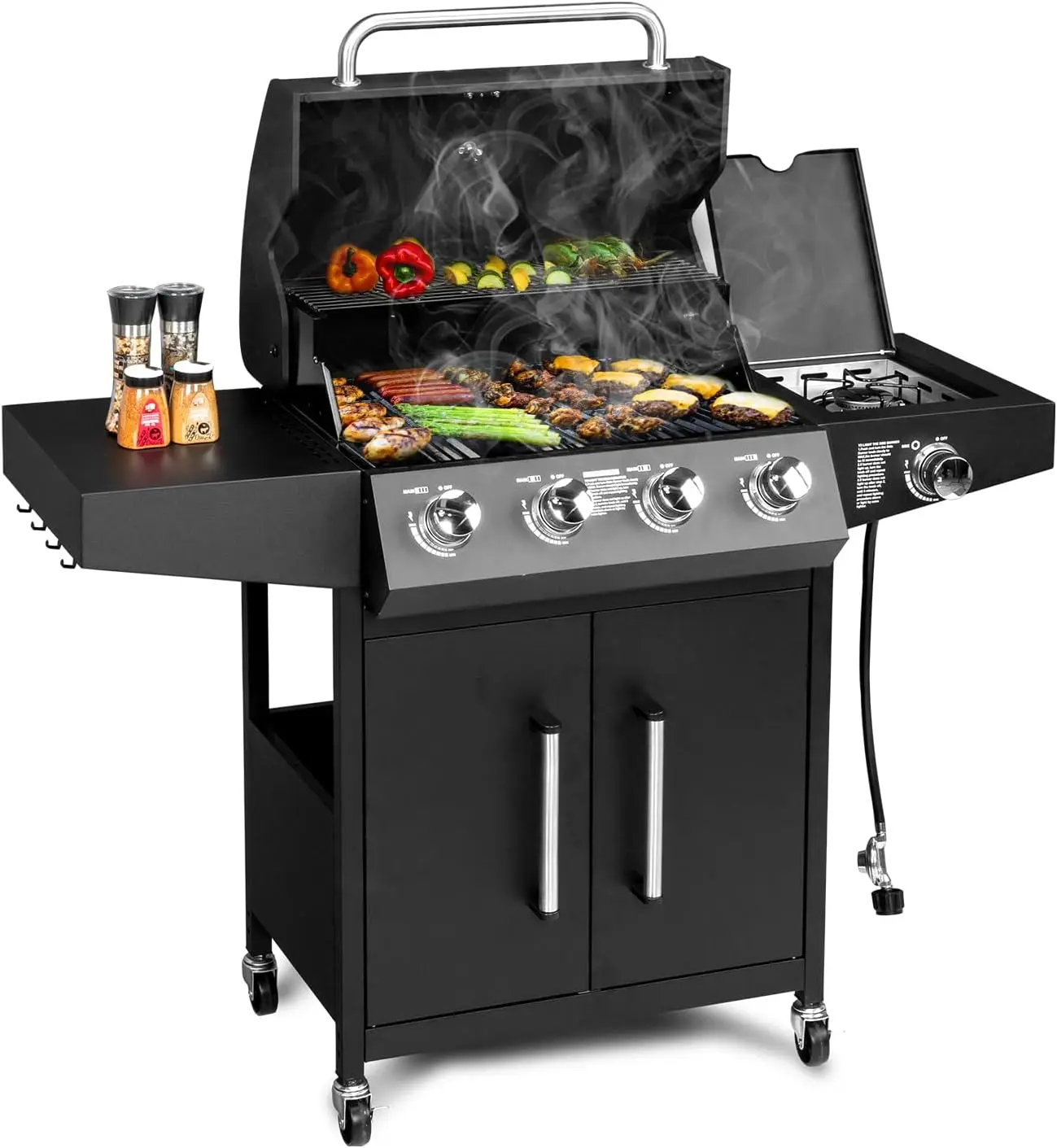 

4 Burner Propane Grills with Side Burner and Porcelain-Enameled Grates, 58000BTU Gas Grill with Side Shelf and Portable Rolling