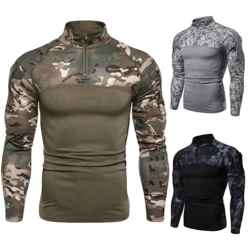 New Camouflage Men\'s T-Shirts Zipper Stand Neck  Shirts Outdoor Sports Athletic Tops Long Sleeve T Shirts
