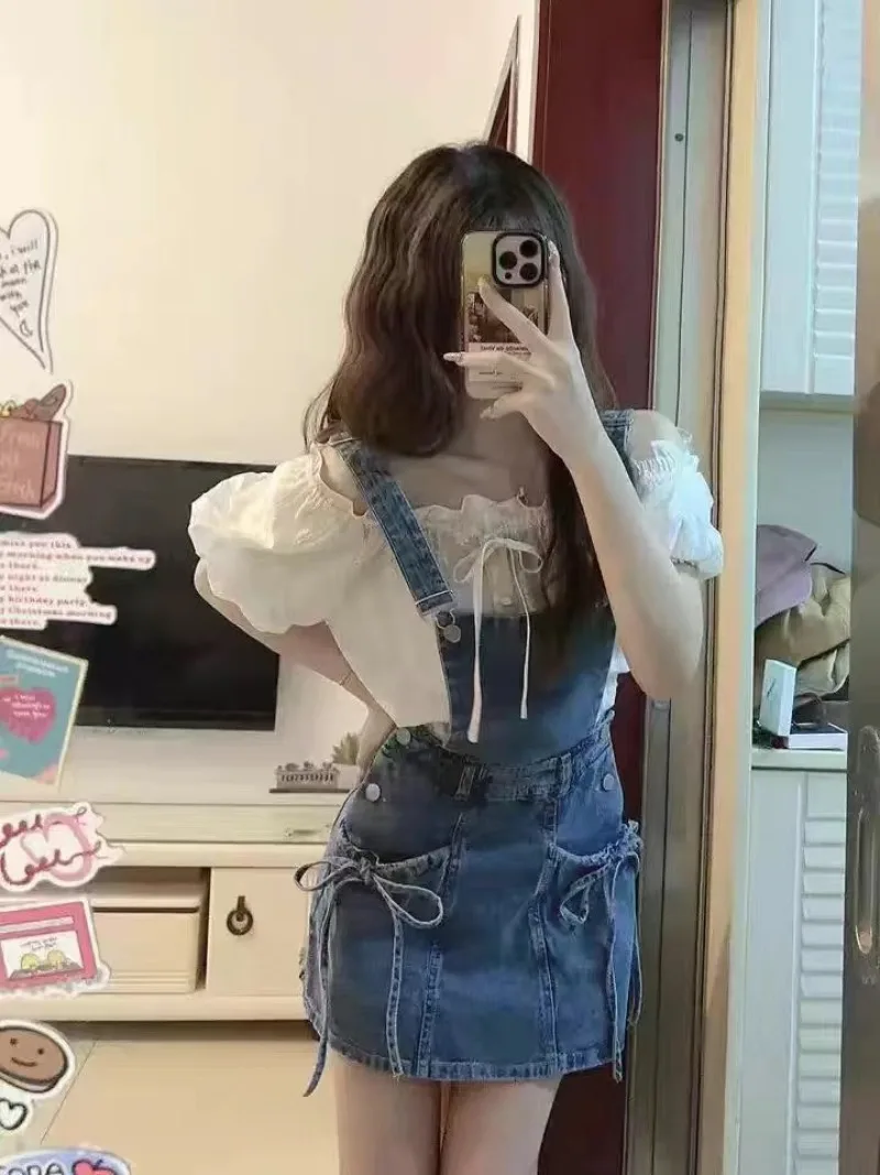 Summer New Womans Clothes for 2026 Versatile White Bubble Short Sleeved Shirt Top+vintage Washed Denim Strap Dress 2-piece Sets